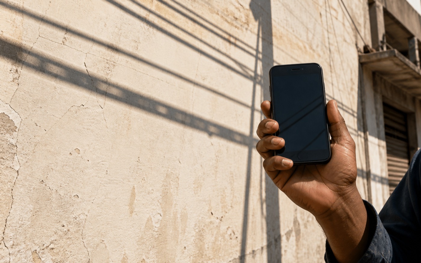 Mão de trabalho segurando um celular comum contra um muro claro ao meio-dia, o momento em que o dinheiro caiu