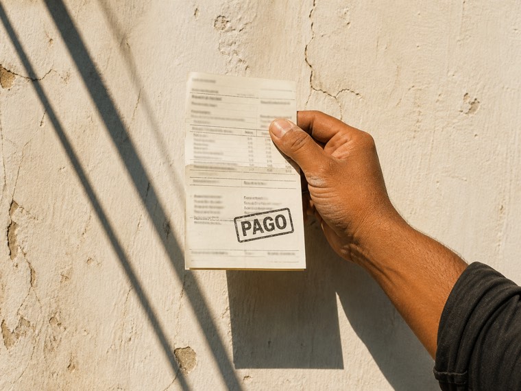 Mão segurando uma conta de luz carimbada PAGO contra um muro claro ao meio-dia